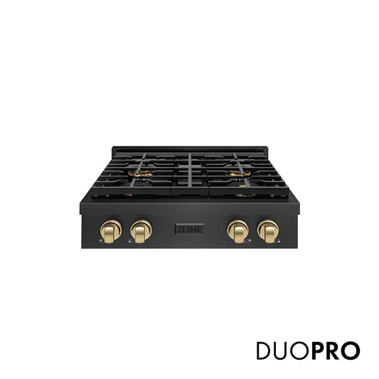 ZLINE Autograph Edition 30 in. Paramount Gas Rangetop with 4 Burner DuoPro™ Cooktop in Black Satin Stainless Steel and Champagne Bronze Accents (PSRTBSZ-30-CB)