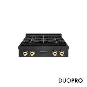 ZLINE Autograph Edition 30 in. Paramount Gas Rangetop with 4 Burner DuoPro™ Cooktop in Black Satin Stainless Steel and Polished Gold Accents (PSRTBSZ-30-G)