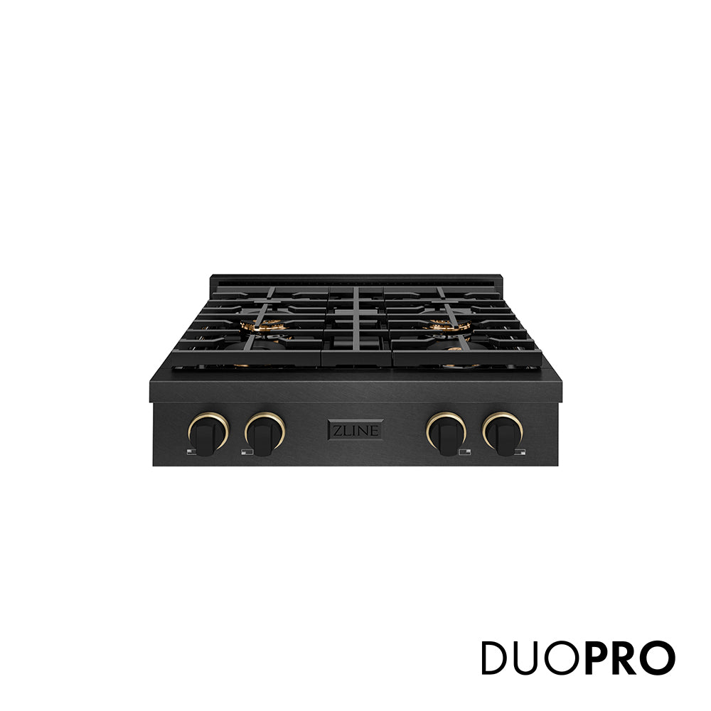 ZLINE Designer Collection 30 in. Paramount Gas Rangetop with 4 Burner DuoPro™ Cooktop in Black Satin Stainless Steel with Matte Black and Champagne Bronze Accents (PSRTBSZ-30-MBCB)