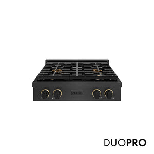 ZLINE Designer Collection 30 in. Paramount Gas Rangetop with 4 Burner DuoPro™ Cooktop in Black Satin Stainless Steel with Matte Black and Champagne Bronze Accents (PSRTBSZ-30-MBCB)