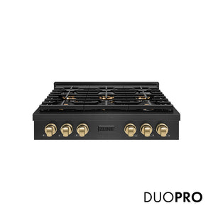 ZLINE Autograph Edition 36 in. Paramount Gas Rangetop with 6 Burner DuoPro™ Cooktop in Black Satin Stainless Steel and Champagne Bronze Accents (PSRTBSZ-36-CB)