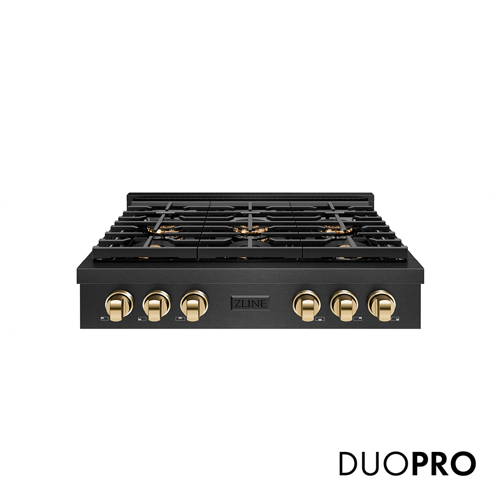 ZLINE Autograph Edition 36 in. Paramount Gas Rangetop with 6 Burner DuoPro™ Cooktop in Black Satin Stainless Steel and Polished Gold Accents (PSRTBSZ-36-G)
