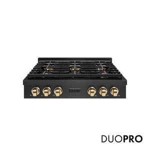 ZLINE Autograph Edition 36 in. Paramount Gas Rangetop with 6 Burner DuoPro™ Cooktop in Black Satin Stainless Steel and Polished Gold Accents (PSRTBSZ-36-G)