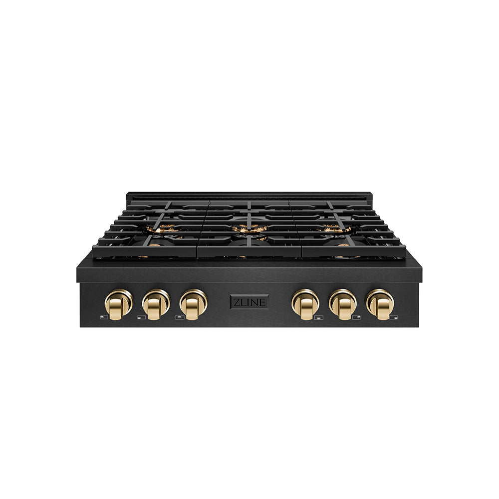ZLINE Autograph Edition 36 in. Paramount Gas Rangetop with 6 Burner DuoPro™ Cooktop in Black Satin Stainless Steel and Polished Gold Accents (PSRTBSZ-36-G)