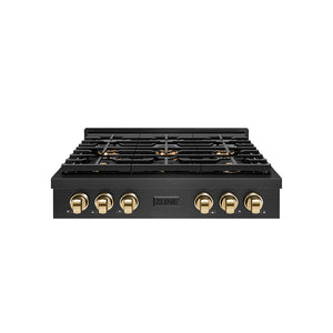 ZLINE Autograph Edition 36 in. Paramount Gas Rangetop with 6 Burner DuoPro™ Cooktop in Black Satin Stainless Steel and Polished Gold Accents (PSRTBSZ-36-G)