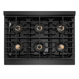 ZLINE Autograph Edition 36 in. Paramount Gas Rangetop with 6 Burner DuoPro™ Cooktop in Black Satin Stainless Steel and Polished Gold Accents (PSRTBSZ-36-G) top-down, above cooktop.