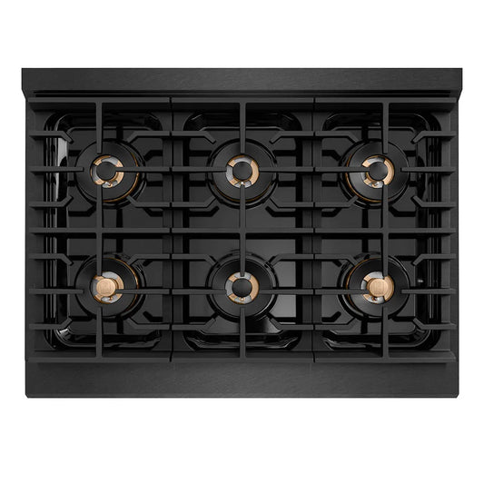 ZLINE Autograph Edition 36 in. Paramount Gas Rangetop with 6 Burner DuoPro™ Cooktop in Black Satin Stainless Steel and Polished Gold Accents (PSRTBSZ-36-G) top-down, above cooktop.