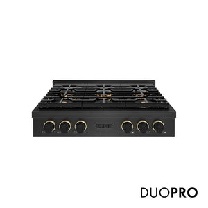 ZLINE Designer Collection 36 in. Paramount Gas Rangetop with 6 Burner DuoPro™ Cooktop in Black Satin Stainless Steel with Matte Black and Champagne Bronze Accents (PSRTBSZ-36-MBCB)