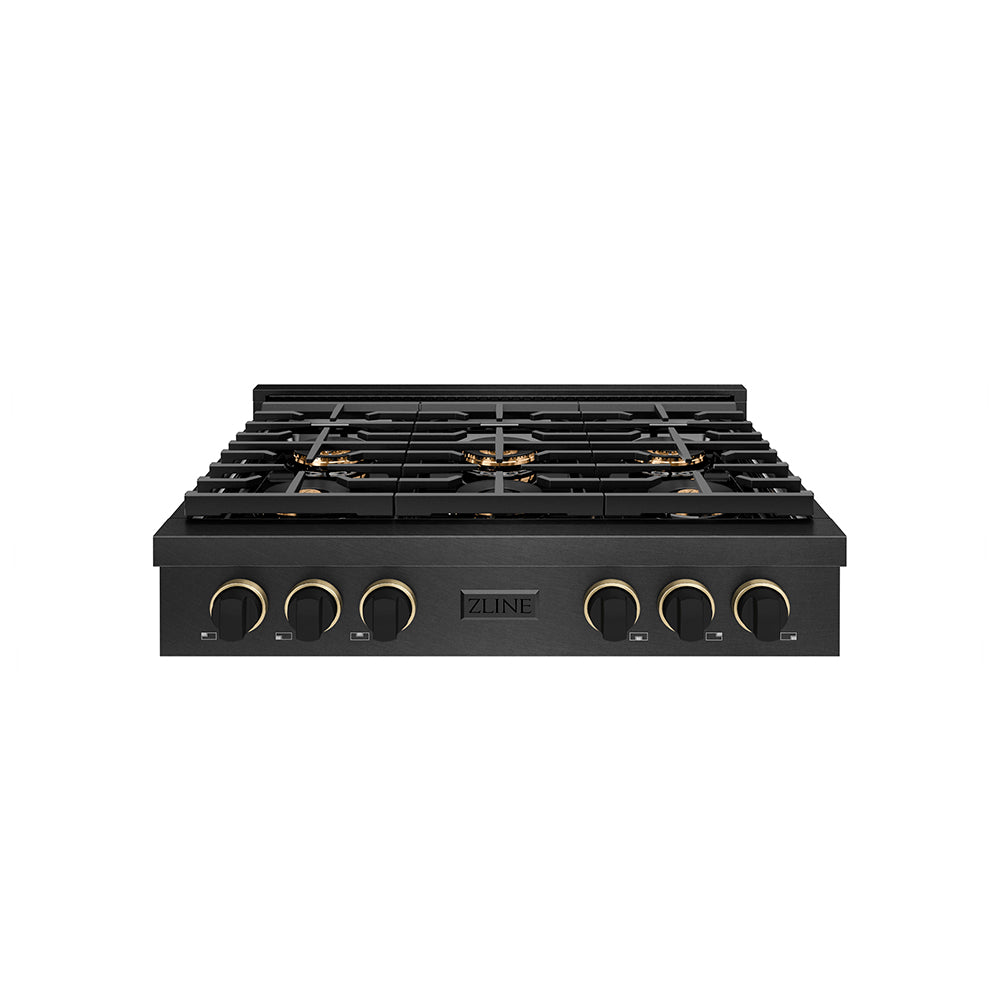 ZLINE Designer Collection 36 in. Paramount Gas Rangetop with 6 Burner DuoPro™ Cooktop in Black Satin Stainless Steel with Matte Black and Champagne Bronze Accents (PSRTBSZ-36-MBCB)