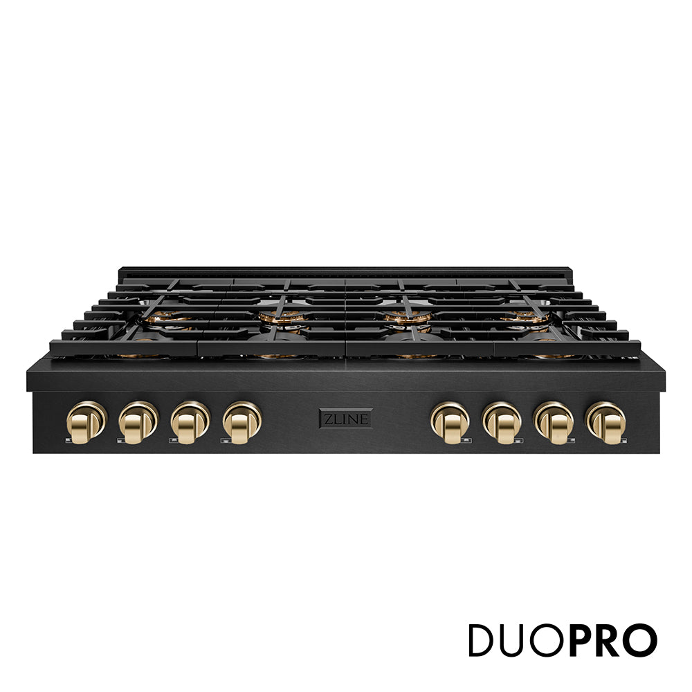 ZLINE Autograph Edition 48 in. Paramount Gas Rangetop with 8 Burner DuoPro™ Cooktop in Black Satin Stainless Steel and Polished Gold Accents (PSRTBSZ-48-G)