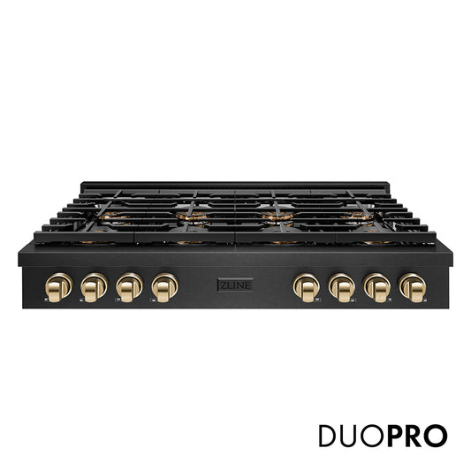 ZLINE Autograph Edition 48 in. Paramount Gas Rangetop with 8 Burner DuoPro™ Cooktop in Black Satin Stainless Steel and Polished Gold Accents (PSRTBSZ-48-G)