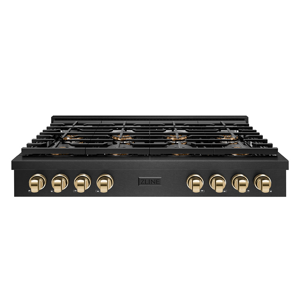 ZLINE Autograph Edition 48 in. Paramount Gas Rangetop with 8 Burner DuoPro™ Cooktop in Black Satin Stainless Steel and Polished Gold Accents (PSRTBSZ-48-G)