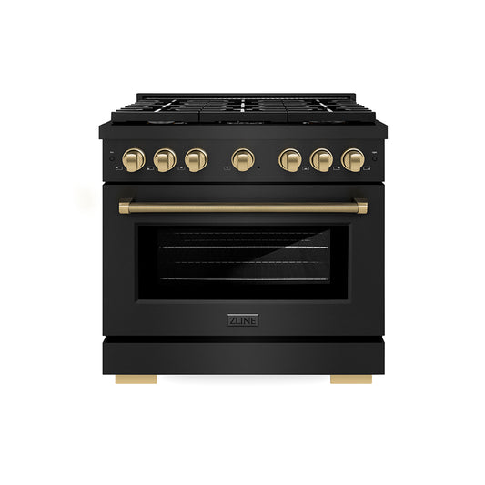ZLINE Autograph Edition 36 in. 5.2 cu. ft. Paramount Dual Fuel Range with 6 Burner Gas Cooktop and Electric Convection Oven in Black Stainless Steel with Champagne Bronze Helix Handle and Knob Accents (SDRBZ-36-KCB)