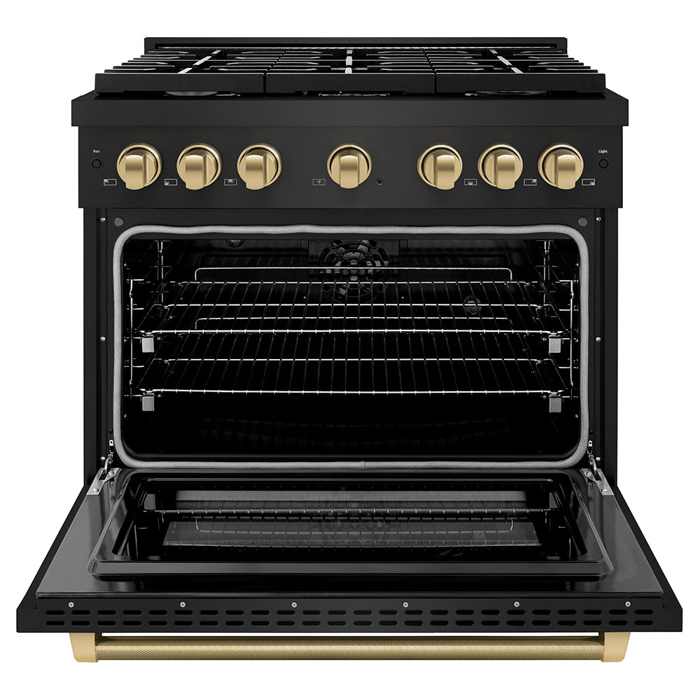 ZLINE Autograph Edition 36 in. 5.2 cu. ft. Paramount Dual Fuel Range with 6 Burner Gas Cooktop and Electric Convection Oven in Black Stainless Steel with Champagne Bronze Helix Handle and Knob Accents (SDRBZ-36-KCB) front, open.