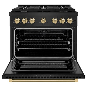 ZLINE Autograph Edition 36 in. 5.2 cu. ft. Paramount Dual Fuel Range with 6 Burner Gas Cooktop and Electric Convection Oven in Black Stainless Steel with Champagne Bronze Helix Handle and Knob Accents (SDRBZ-36-KCB) front, open.