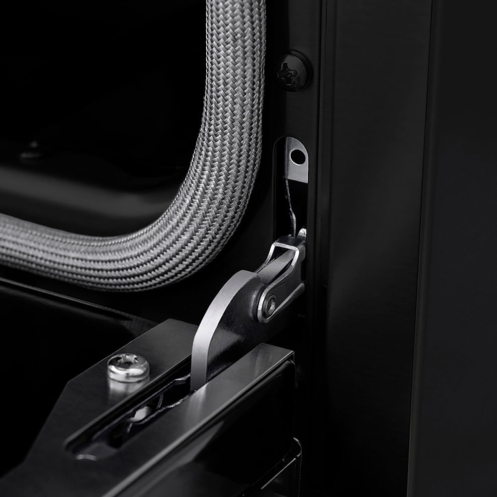 ZLINE Autograph Edition 36 in. 5.2 cu. ft. Paramount Dual Fuel Range with 6 Burner Gas Cooktop and Electric Convection Oven in Black Stainless Steel with Champagne Bronze Helix Handle and Knob Accents (SDRBZ-36-KCB) StayPut oven door hinge.