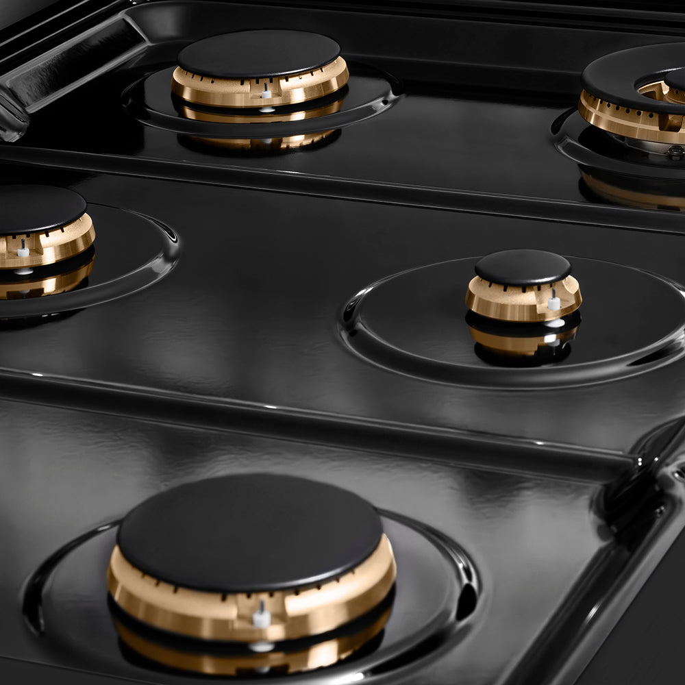 ZLINE Autograph Edition 36 in. 5.2 cu. ft. Paramount Dual Fuel Range with 6 Burner Gas Cooktop and Electric Convection Oven in Black Stainless Steel with Champagne Bronze Helix Handle and Knob Accents (SDRBZ-36-KCB) black porcelain cooktop and burners with no grates.