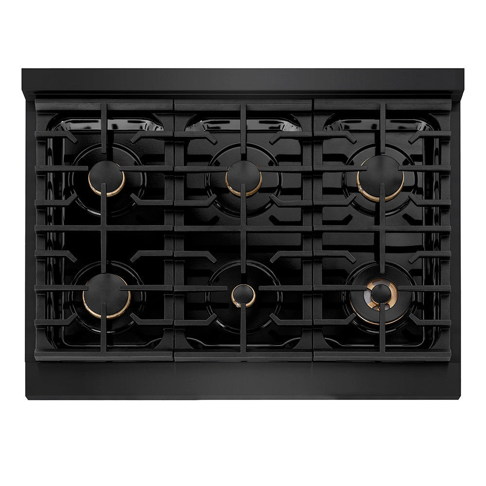 ZLINE Autograph Edition 36 in. 5.2 cu. ft. Paramount Dual Fuel Range with 6 Burner Gas Cooktop and Electric Convection Oven in Black Stainless Steel with Champagne Bronze Helix Handle and Knob Accents (SDRBZ-36-KCB) top-down, above cooktop.