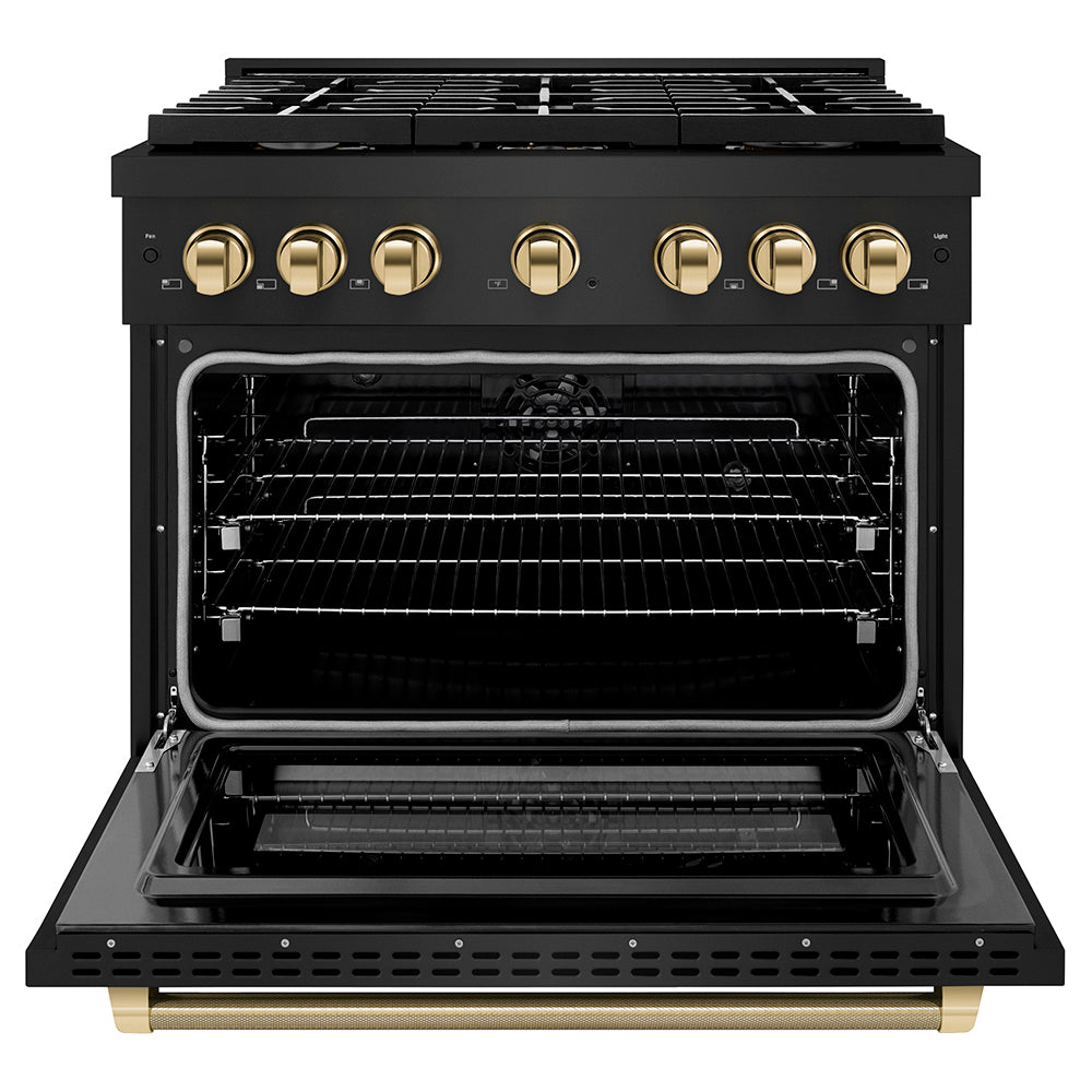 ZLINE Autograph Edition 36 in. 5.2 cu. ft. Paramount Dual Fuel Range with 6 Burner Gas Cooktop and Electric Convection Oven in Black Stainless Steel with Polished Gold Helix Handle and Knob Accents (SDRBZ-36-KG) front, open.