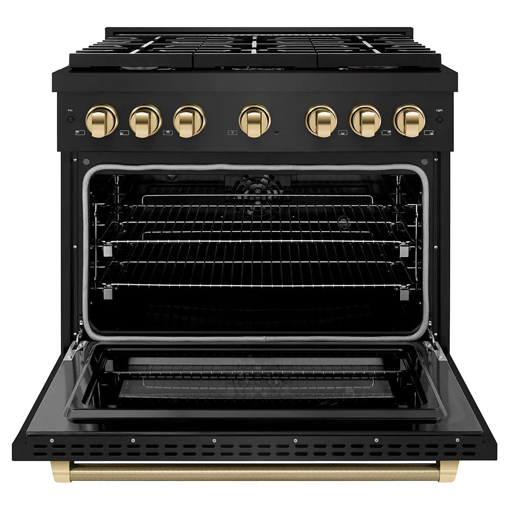 ZLINE Autograph Edition 36 in. 5.2 cu. ft. Paramount Dual Fuel Range with 6 Burner Gas Cooktop and Electric Convection Oven in Black Stainless Steel with Polished Gold Helix Handle and Knob Accents (SDRBZ-36-KG) front, open.