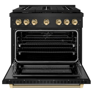 ZLINE Autograph Edition 36 in. 5.2 cu. ft. Paramount Dual Fuel Range with 6 Burner Gas Cooktop and Electric Convection Oven in Black Stainless Steel with Polished Gold Helix Handle and Knob Accents (SDRBZ-36-KG) front, open.