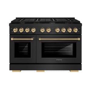 ZLINE Autograph Edition 48 in. 6.7 cu. ft. Paramount Double Oven Dual Fuel Range with 8 Burner Gas Cooktop in Black Stainless Steel and Champagne Bronze Helix Handles and Knob Accents (SDRBZ-48-KCB)