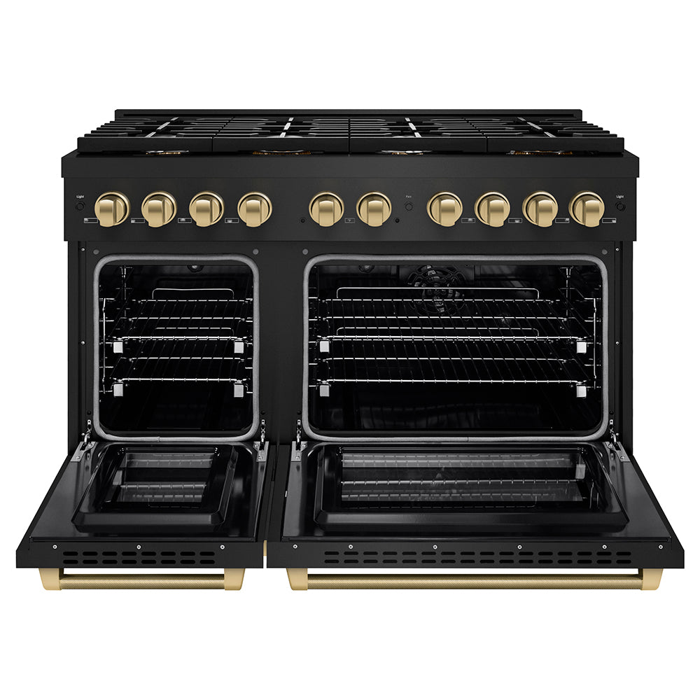 ZLINE Autograph Edition 48 in. 6.7 cu. ft. Paramount Double Oven Dual Fuel Range with 8 Burner Gas Cooktop in Black Stainless Steel and Champagne Bronze Helix Handles and Knob Accents (SDRBZ-48-KCB) front, open.