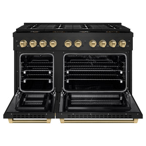 ZLINE Autograph Edition 48 in. 6.7 cu. ft. Paramount Double Oven Dual Fuel Range with 8 Burner Gas Cooktop in Black Stainless Steel and Champagne Bronze Helix Handles and Knob Accents (SDRBZ-48-KCB) front, open.
