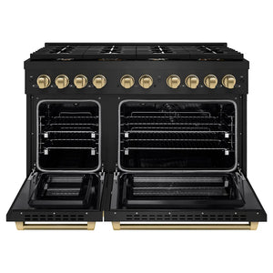 ZLINE Autograph Edition 48 in. 6.7 cu. ft. Paramount Double Oven Dual Fuel Range with 8 Burner Gas Cooktop in Black Stainless Steel and Champagne Bronze Helix Handles and Knob Accents (SDRBZ-48-KCB) front, open.