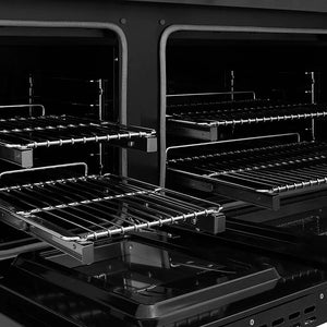 ZLINE Autograph Edition 48 in. 6.7 cu. ft. Paramount Double Oven Dual Fuel Range with 8 Burner Gas Cooktop in Black Stainless Steel and Champagne Bronze Helix Handles and Knob Accents (SDRBZ-48-KCB) open oven with racks inside, showing interior design and layout.