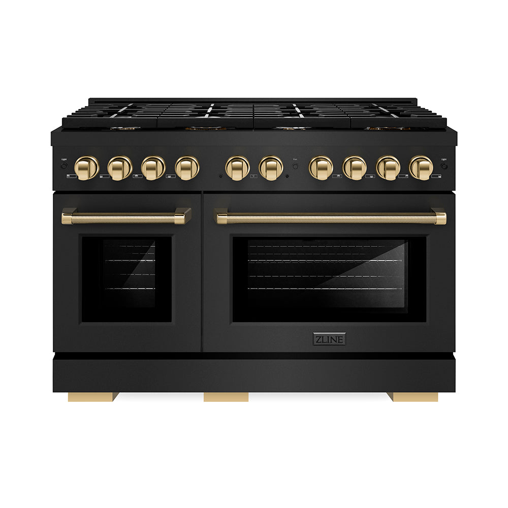 ZLINE Autograph Edition 48 in. 6.7 cu. ft. Paramount Double Oven Dual Fuel Range with 8 Burner Gas Cooktop in Black Stainless Steel and Polished Gold Helix Handles and Knob Accents (SDRBZ-48-KG)
