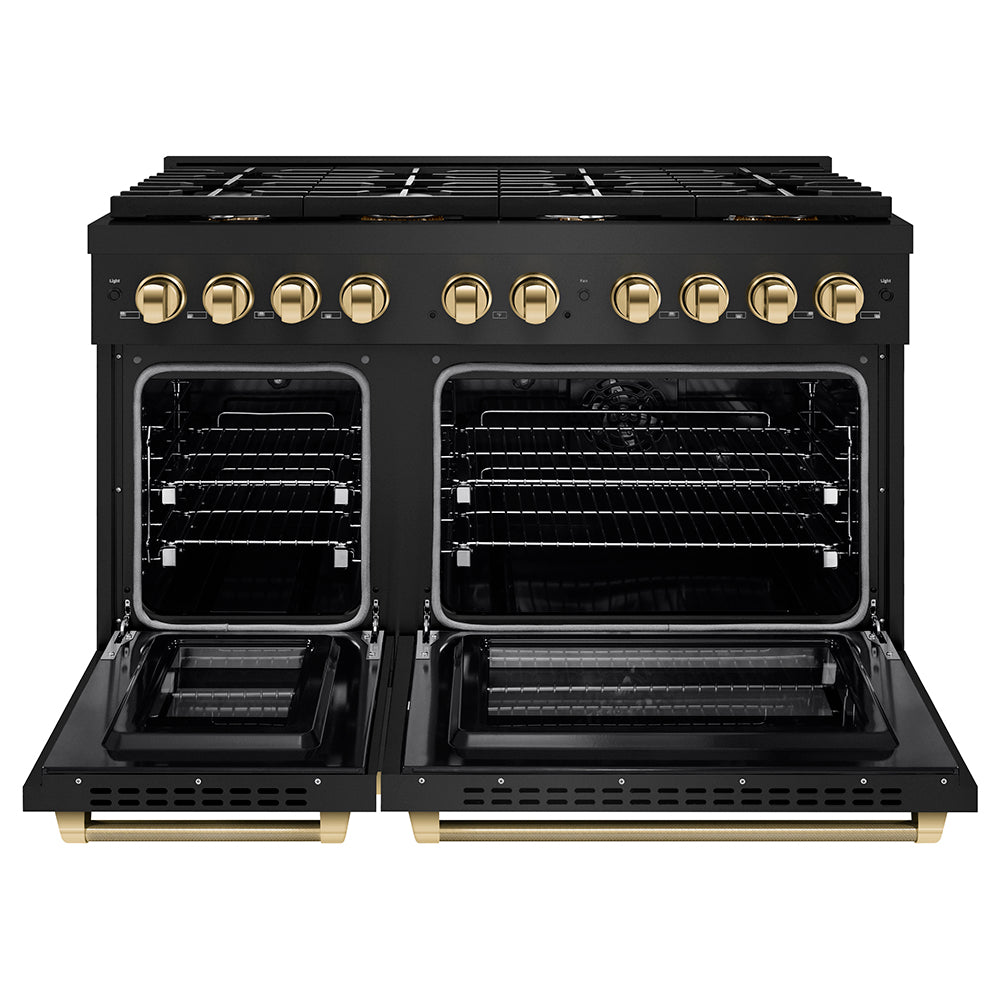 ZLINE Autograph Edition 48 in. 6.7 cu. ft. Paramount Double Oven Dual Fuel Range with 8 Burner Gas Cooktop in Black Stainless Steel and Polished Gold Helix Handles and Knob Accents (SDRBZ-48-KG) front, open.