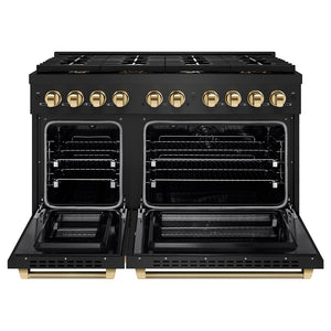 ZLINE Autograph Edition 48 in. 6.7 cu. ft. Paramount Double Oven Dual Fuel Range with 8 Burner Gas Cooktop in Black Stainless Steel and Polished Gold Helix Handles and Knob Accents (SDRBZ-48-KG) front, open.