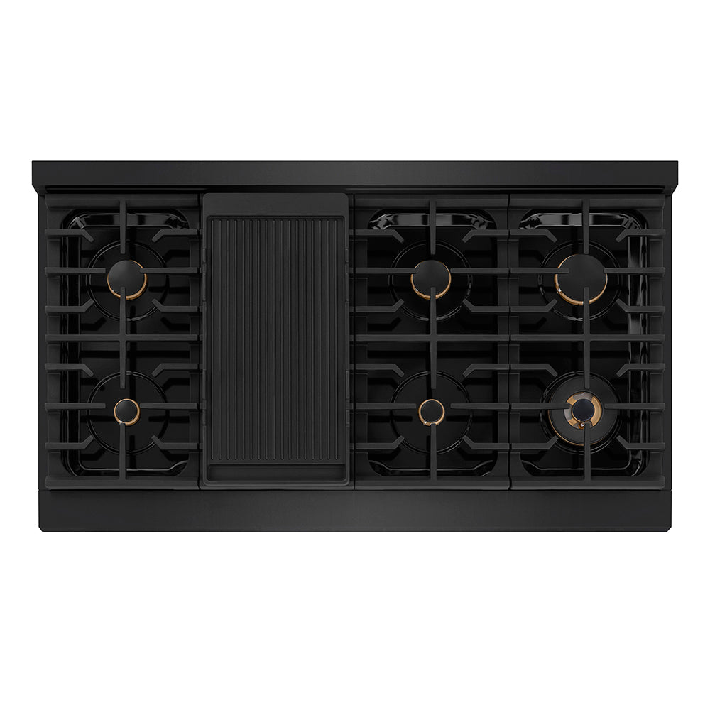 ZLINE Autograph Edition 48 in. 6.7 cu. ft. Paramount Double Oven Dual Fuel Range with 8 Burner Gas Cooktop in Black Stainless Steel and Polished Gold Helix Handles and Knob Accents (SDRBZ-48-KG) top-down, above cooktop.