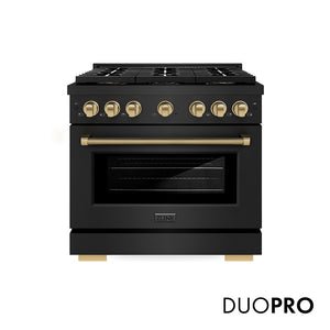 ZLINE Autograph Edition 36 in. 5.2 cu. ft. Paramount Dual Fuel Range with 6 Burner DuoPro™ Cooktop and Electric Convection Oven in Black Stainless Steel with Champagne Bronze Helix Handle and Accents (PSDRBZ-36-KCB)