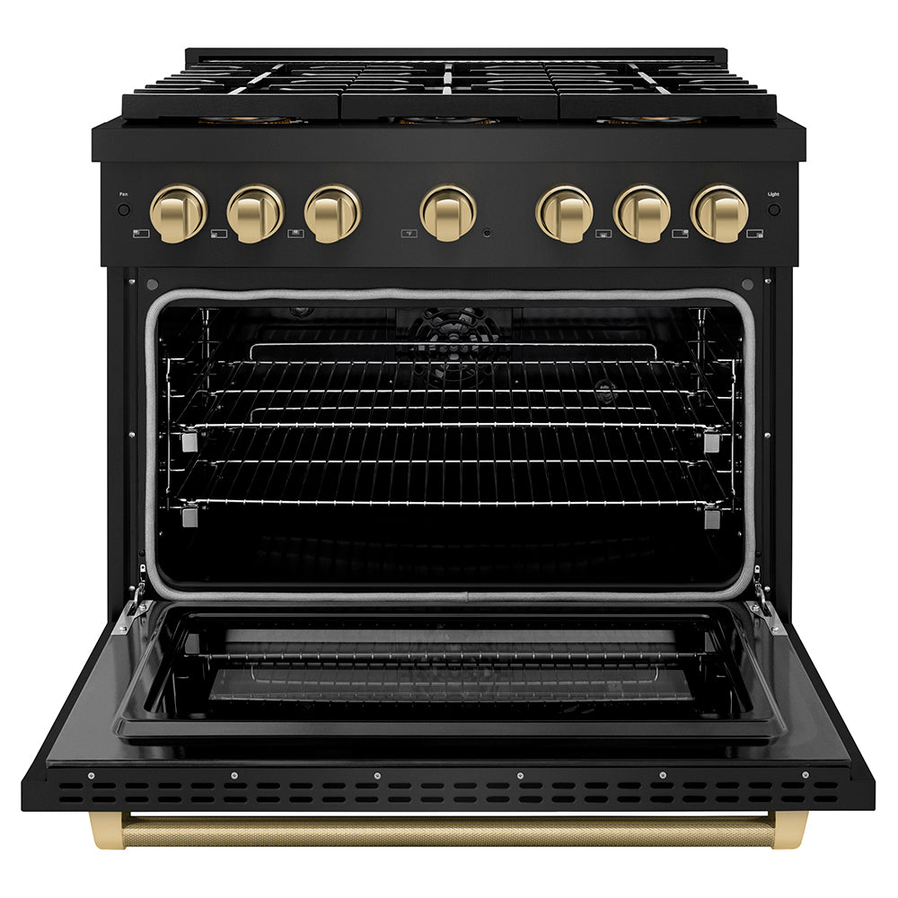 ZLINE Autograph Edition 36 in. 5.2 cu. ft. Paramount Dual Fuel Range with 6 Burner DuoPro™ Cooktop and Electric Convection Oven in Black Stainless Steel with Champagne Bronze Helix Handle and Accents (PSDRBZ-36-KCB)
