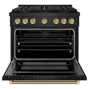 ZLINE Autograph Edition 36 in. 5.2 cu. ft. Paramount Dual Fuel Range with 6 Burner DuoPro™ Cooktop and Electric Convection Oven in Black Stainless Steel with Champagne Bronze Helix Handle and Accents (PSDRBZ-36-KCB)