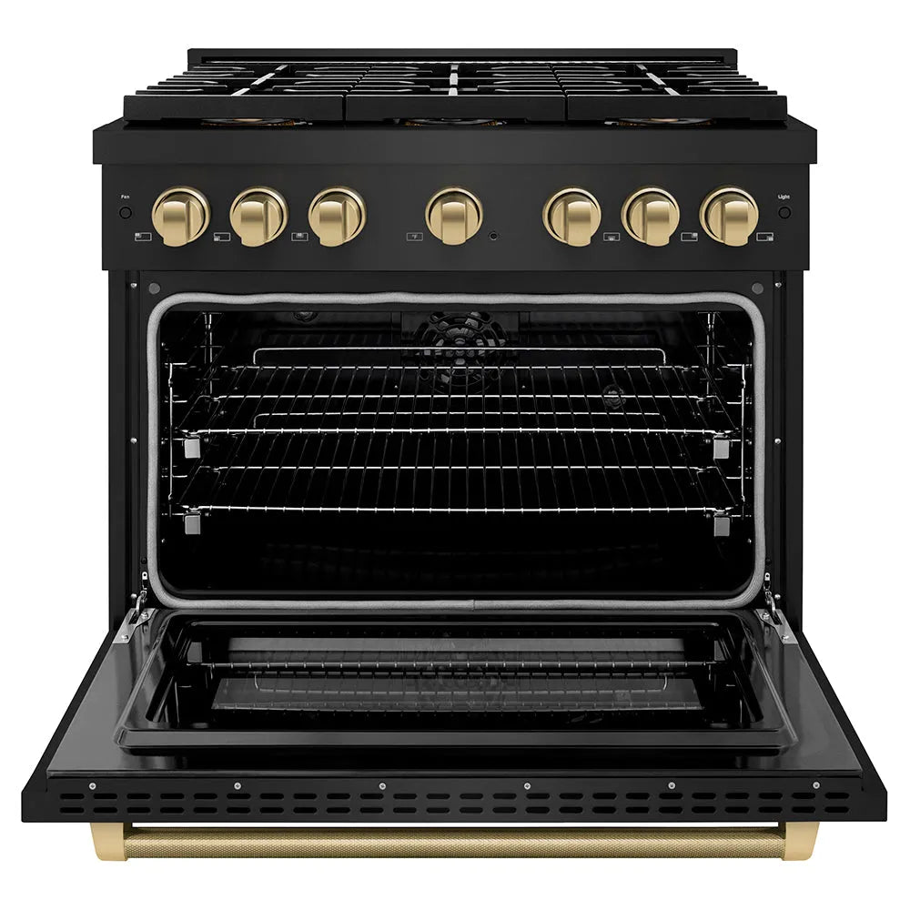 ZLINE Autograph Edition 36 in. 5.2 cu. ft. Paramount Dual Fuel Range with 6 Burner DuoPro™ Cooktop and Electric Convection Oven in Black Stainless Steel with Champagne Bronze Helix Handle and Accents (PSDRBZ-36-KCB) front, oven open.