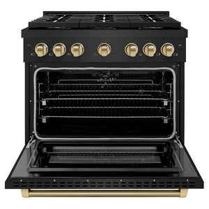 ZLINE Autograph Edition 36 in. 5.2 cu. ft. Paramount Dual Fuel Range with 6 Burner DuoPro™ Cooktop and Electric Convection Oven in Black Stainless Steel with Champagne Bronze Helix Handle and Accents (PSDRBZ-36-KCB) front, oven open.