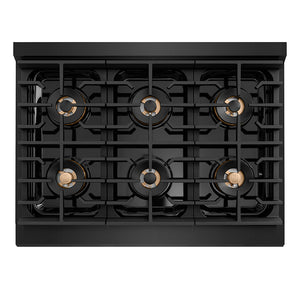 ZLINE Autograph Edition 36 in. 5.2 cu. ft. Paramount Dual Fuel Range with 6 Burner DuoPro™ Cooktop and Electric Convection Oven in Black Stainless Steel with Champagne Bronze Helix Handle and Accents (PSDRBZ-36-KCB)