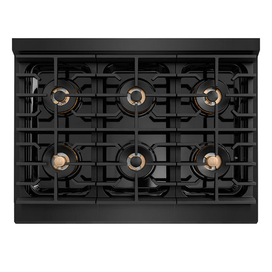 ZLINE Autograph Edition 36 in. 5.2 cu. ft. Paramount Dual Fuel Range with 6 Burner DuoPro™ Cooktop and Electric Convection Oven in Black Stainless Steel with Champagne Bronze Helix Handle and Accents (PSDRBZ-36-KCB)