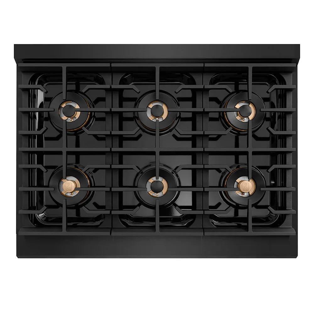 ZLINE Autograph Edition 36 in. 5.2 cu. ft. Paramount Dual Fuel Range with 6 Burner DuoPro™ Cooktop and Electric Convection Oven in Black Stainless Steel with Champagne Bronze Helix Handle and Accents (PSDRBZ-36-KCB) top-down, above cooktop.