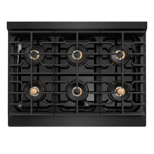 ZLINE Autograph Edition 36 in. 5.2 cu. ft. Paramount Dual Fuel Range with 6 Burner DuoPro™ Cooktop and Electric Convection Oven in Black Stainless Steel with Champagne Bronze Helix Handle and Accents (PSDRBZ-36-KCB) top-down, above cooktop.