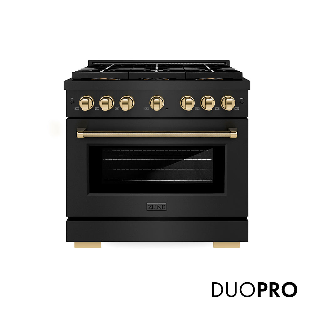 ZLINE Autograph Edition 36 in. 5.2 cu. ft. Paramount Dual Fuel Range with 6 Burner DuoPro™ Cooktop and Electric Convection Oven in Black Stainless Steel with Polished Gold Helix Handle and Accents (PSDRBZ-36-KG)