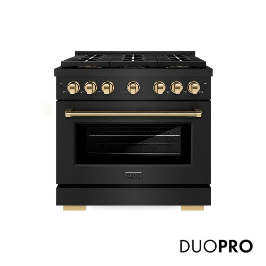 ZLINE Autograph Edition 36 in. 5.2 cu. ft. Paramount Dual Fuel Range with 6 Burner DuoPro™ Cooktop and Electric Convection Oven in Black Stainless Steel with Polished Gold Helix Handle and Accents (PSDRBZ-36-KG)
