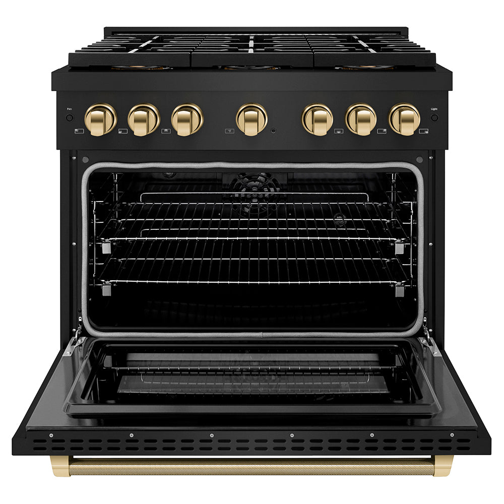 ZLINE Autograph Edition 36 in. 5.2 cu. ft. Paramount Dual Fuel Range with 6 Burner DuoPro™ Cooktop and Electric Convection Oven in Black Stainless Steel with Polished Gold Helix Handle and Accents (PSDRBZ-36-KG) front, open.