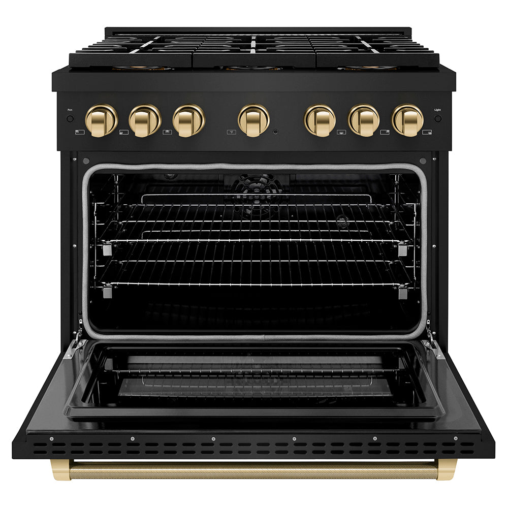 ZLINE Autograph Edition 36 in. 5.2 cu. ft. Paramount Dual Fuel Range with 6 Burner DuoPro™ Cooktop and Electric Convection Oven in Black Stainless Steel with Polished Gold Helix Handle and Accents (PSDRBZ-36-KG)