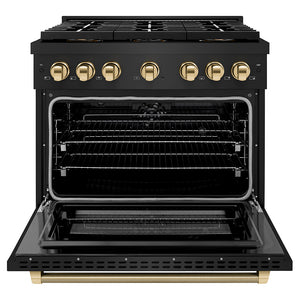 ZLINE Autograph Edition 36 in. 5.2 cu. ft. Paramount Dual Fuel Range with 6 Burner DuoPro™ Cooktop and Electric Convection Oven in Black Stainless Steel with Polished Gold Helix Handle and Accents (PSDRBZ-36-KG)