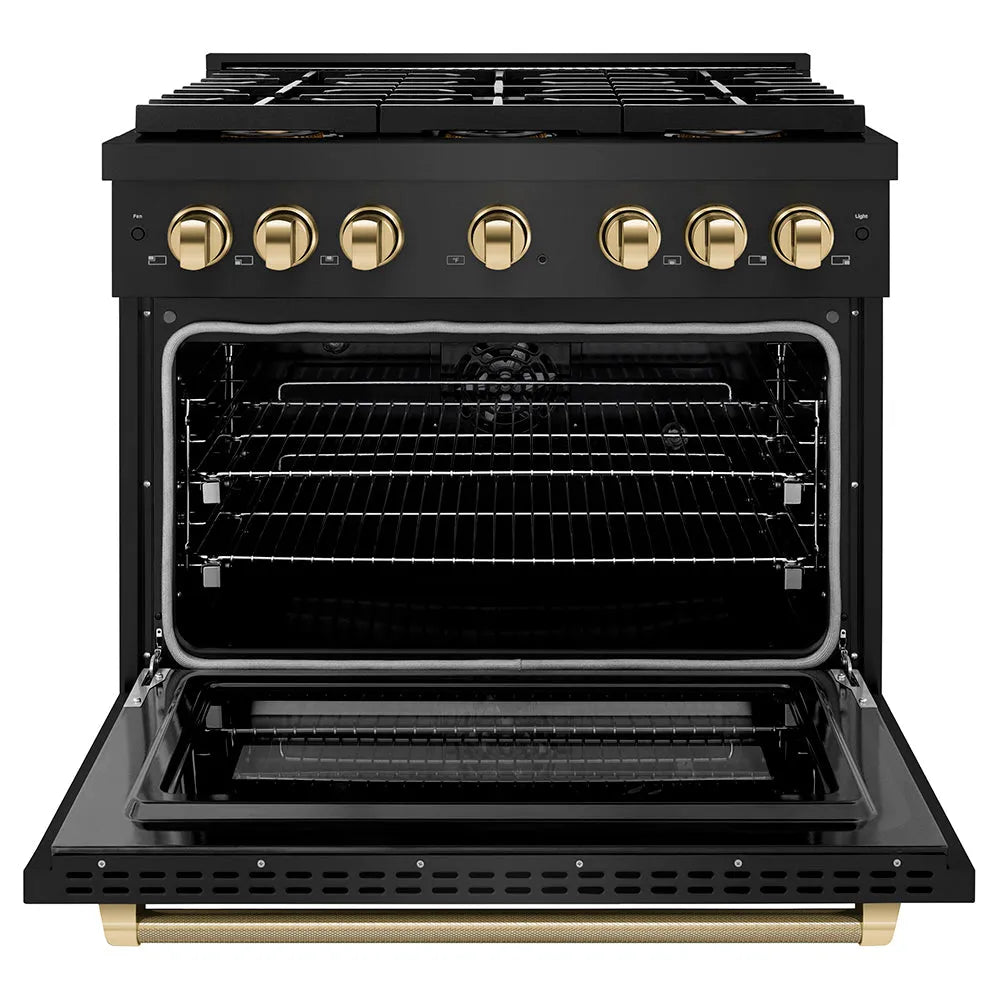 ZLINE Autograph Edition 36 in. 5.2 cu. ft. Paramount Dual Fuel Range with 6 Burner DuoPro™ Cooktop and Electric Convection Oven in Black Stainless Steel with Polished Gold Helix Handle and Accents (PSDRBZ-36-KG) front, oven open.