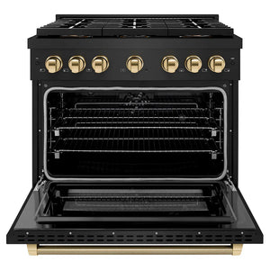 ZLINE Autograph Edition 36 in. 5.2 cu. ft. Paramount Dual Fuel Range with 6 Burner DuoPro™ Cooktop and Electric Convection Oven in Black Stainless Steel with Polished Gold Helix Handle and Accents (PSDRBZ-36-KG) front, oven open.